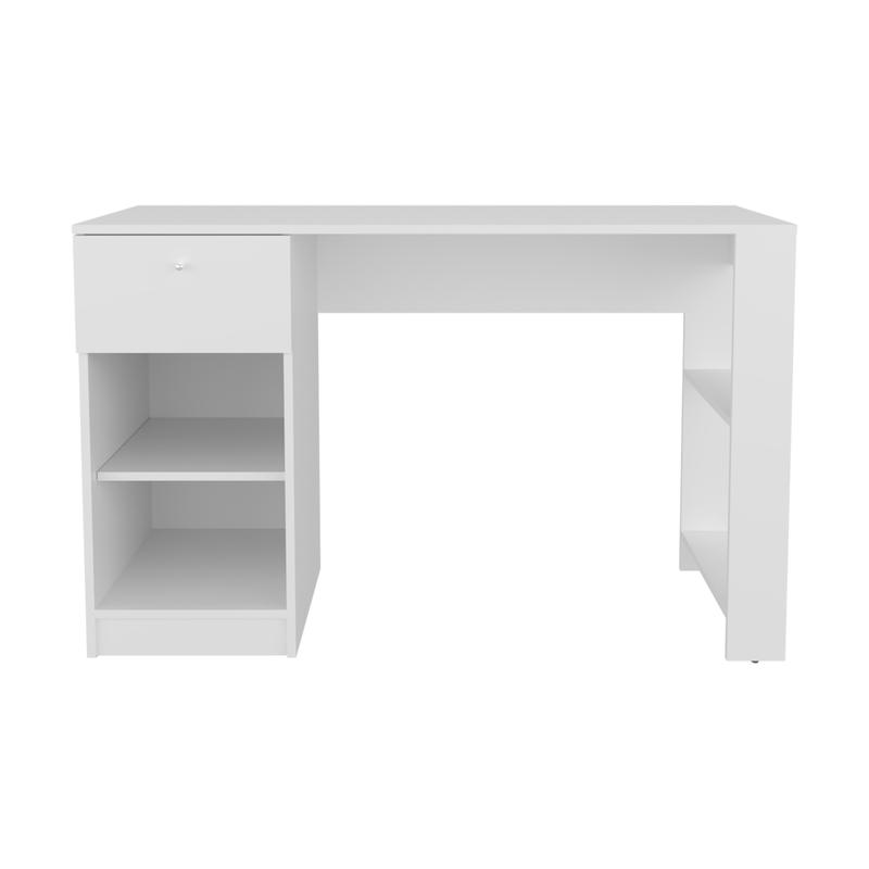 Desk Setup Or Set Up - โต๊ะเขียนหนังสือกว้าง 47 นิ้ว พร้อมลิ้นชักหนึ่งช่องและชั้นวางสี่ชั้น เหมาะสำหรับโฮมออฟฟิศหรือการตั้งค่าสำหรับเล่นเกม ดีไซน์สวยงามสีขาว