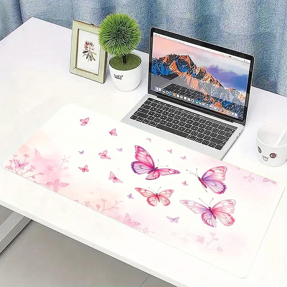 Desk Setup Gaming Pc - แผ่นรองเมาส์เกมมิ่งขนาดใหญ่ลายผีเสื้อสีชมพูแบบสีน้ำ พร้อมแผ่นรองโต๊ะกันลื่นสำหรับคีย์บอร์ด เหมาะสำหรับคอมพิวเตอร์ แล็ปท็อป สำนักงาน บ้าน