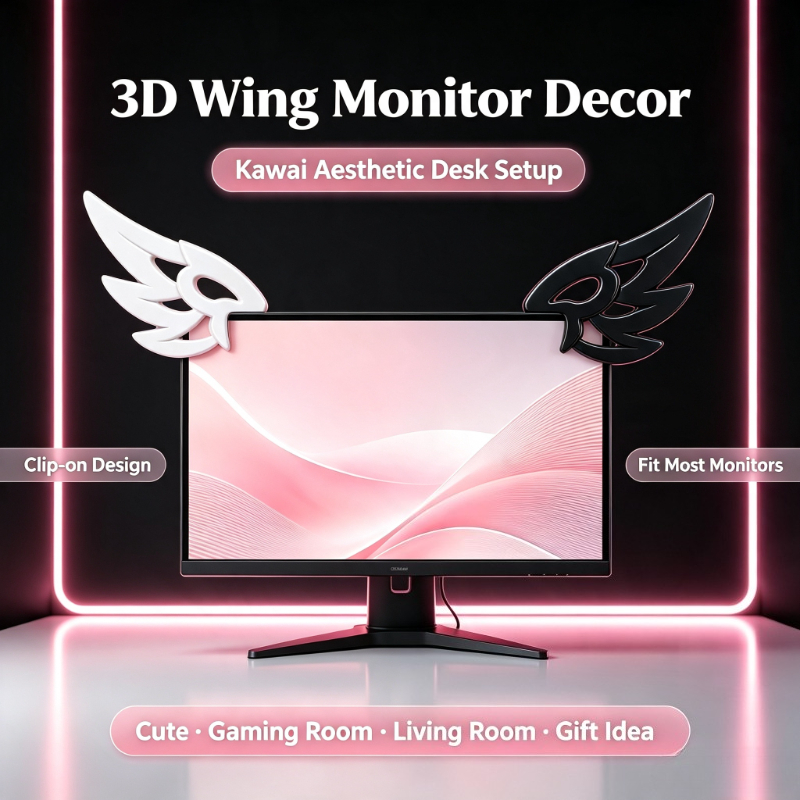 Desk Setup No Computer - ของตกแต่งปีก 3D สไตล์คาวาอี้สำหรับหน้าจอคอมพิวเตอร์, ของตกแต่งโต๊ะเกมมิ่งที่สวยงาม, อุปกรณ์เสริมบนโต๊ะน่ารักและของขวัญสำหรับสาวๆ