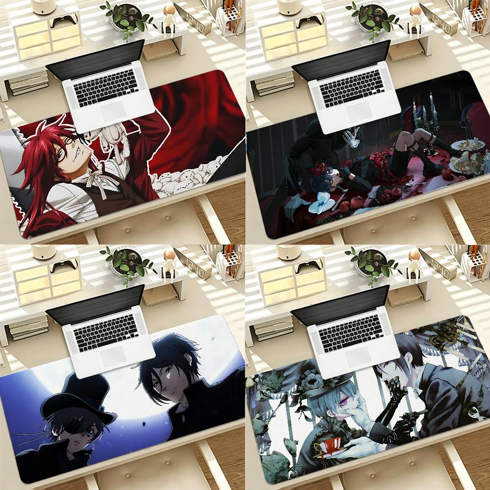 Desk Setup Black - แผ่นรองเมาส์สำหรับเล่นเกม Cool B-Black Butler-S แบบกันลื่น ขอบเย็บล็อค