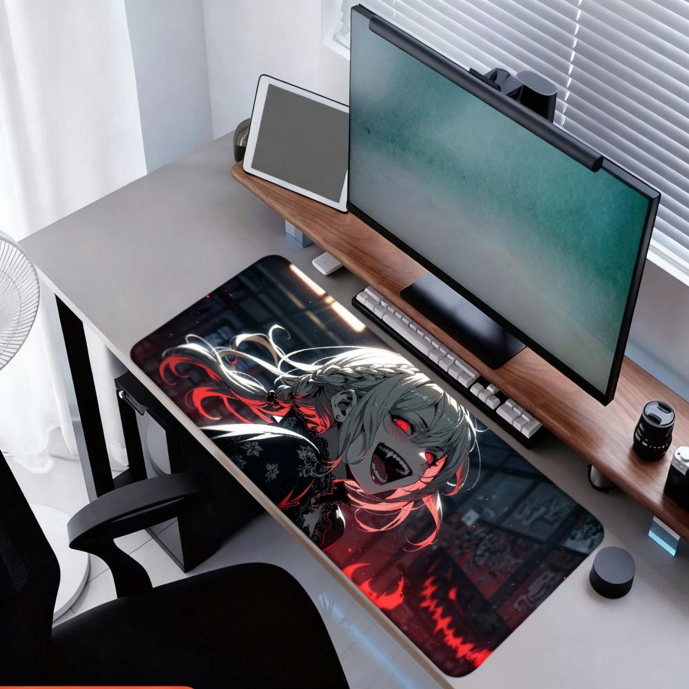 Desk Setup Designer - สาวอนิเมะที่มีเปลวไฟสีแดงและดีไซน์พื้นหลังสีเข้ม ชุดอุปกรณ์จัดระเบียบโต๊ะและถาด ของตกแต่งสำหรับเกมเมอร์ แผ่นรองเมาส์สำหรับเล่นเกม
