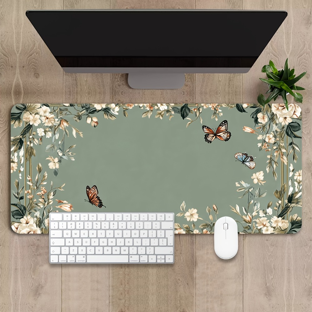 Desk Setup Designer - แผ่นรองโต๊ะลายผีเสื้อและลายดอกไม้สีเขียว ของตกแต่งโต๊ะเกมเมอร์ ถาดจัดระเบียบและถาดรองเมาส์