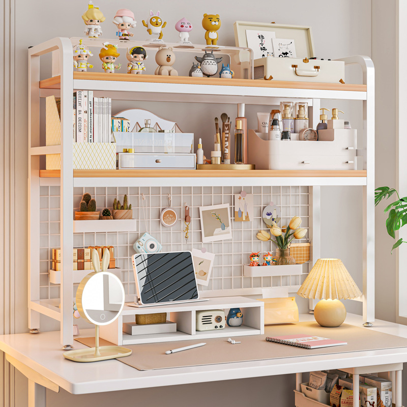 Desk Setup Study - ชั้นวางหนังสือตู้หนังสือพร้อมตารางเดสก์ท็อป Multi-Layer Wrought Iron ชั้นวางนักเรียนโต๊ะคอมพิวเตอร์ตาราง Hole