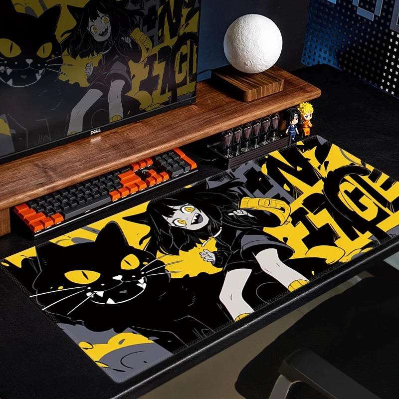 Desk Setup Gaming Pc - แผ่นรองเมาส์เกมมิ่งลายอนิเมะแมวดำ แผ่นรองโต๊ะลายการ์ตูนสาวสีเหลือง ขนาดใหญ่ กันลื่น ทำจากยาง สำหรับคีย์บอร์ด