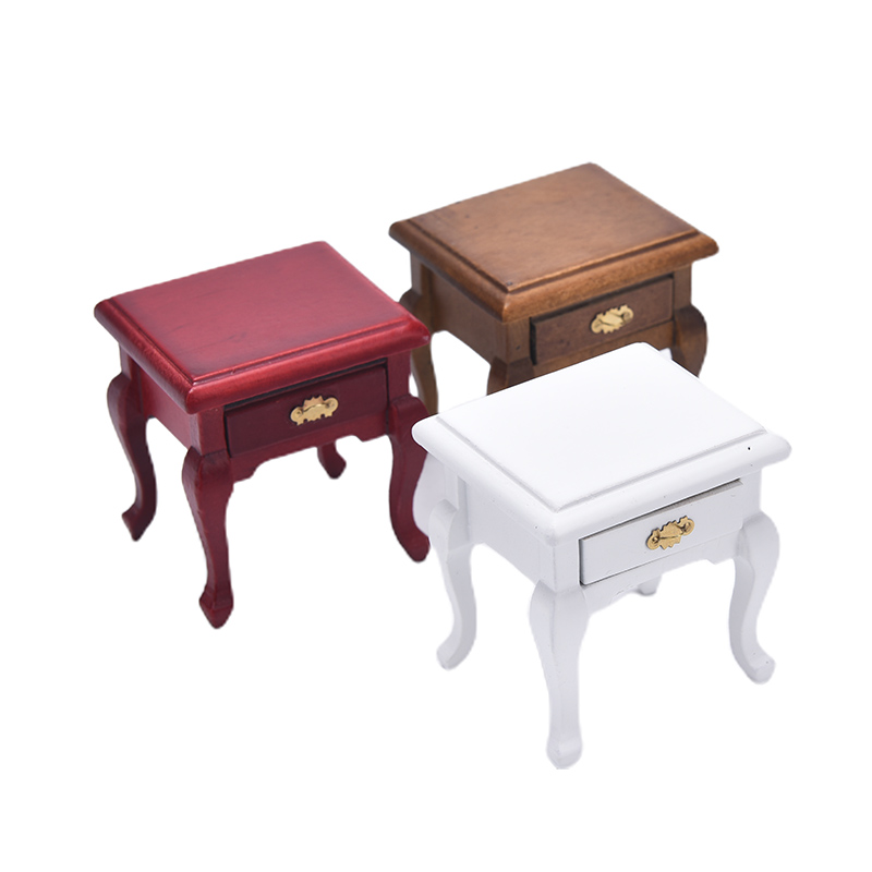 Desk Setup Wood - เฟอร์นิเจอร์จิ๋วสำหรับบ้านตุ๊กตา โต๊ะข้างเตียงไม้ ตู้ลิ้นชักข้างเตียง
