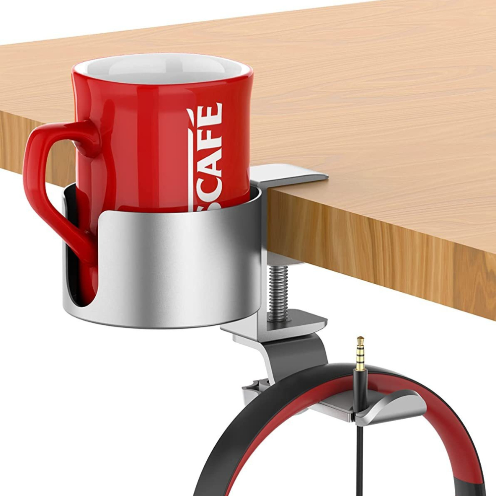 Desk Setup Designer - 360 ° ที่วางหูฟังแบบหมุนได้พร้อมที่วางแก้ว ที่ยึดอะลูมิเนียมแบบหนีบ ไม่ต้องเจาะ สำหรับการติดตั้งบนโต๊ะทำงานเล่นเกม