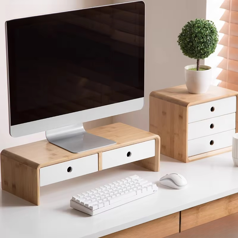 Desk Setup Living Room - แท่นวางจอแล็ปท็อปไม้ไผ่ ที่วางของบนโต๊ะทำงานแบบเป็นมิตรกับสิ่งแวดล้อม พร้อมลิ้นชัก สำหรับการจัดวางโต๊ะทำงานที่บ้าน ขาตั้งไม้
