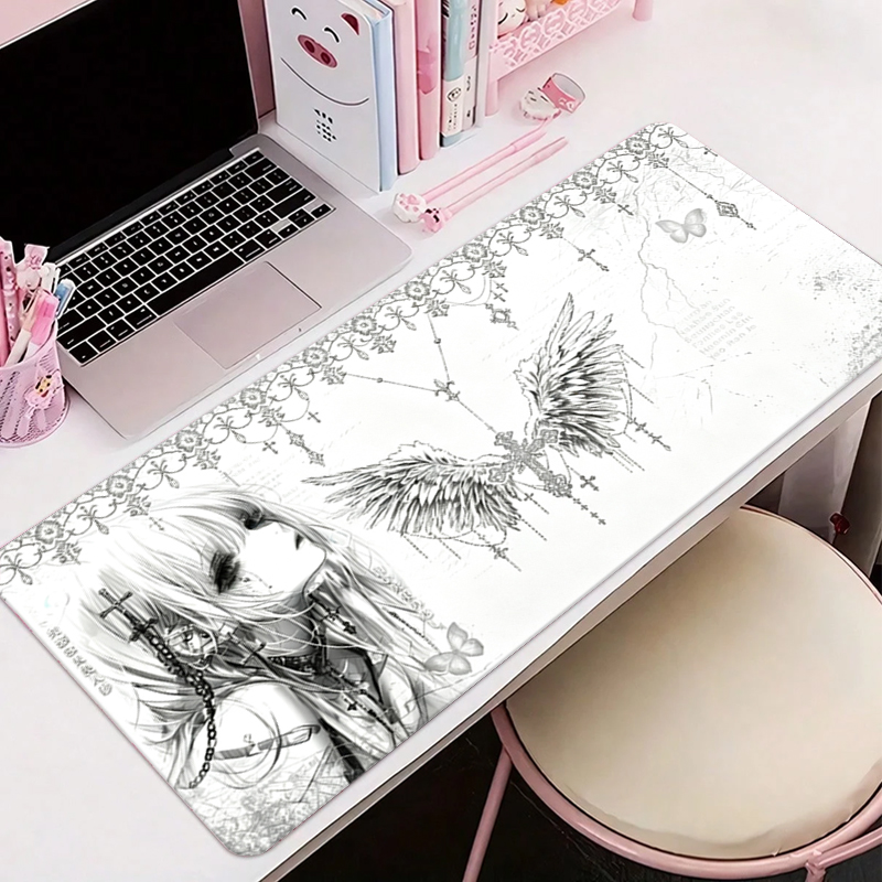 Desk Setup Black - แผ่นรองเมาส์หนังสีดำสีขาวอะนิเมะความงามของสาวนางฟ้าแผ่นรองเมาส์อุปกรณ์สำนักงานคีย์บอร์ดเกมพีซีอีสปอร์ต HD แผ่นรองโต๊ะ