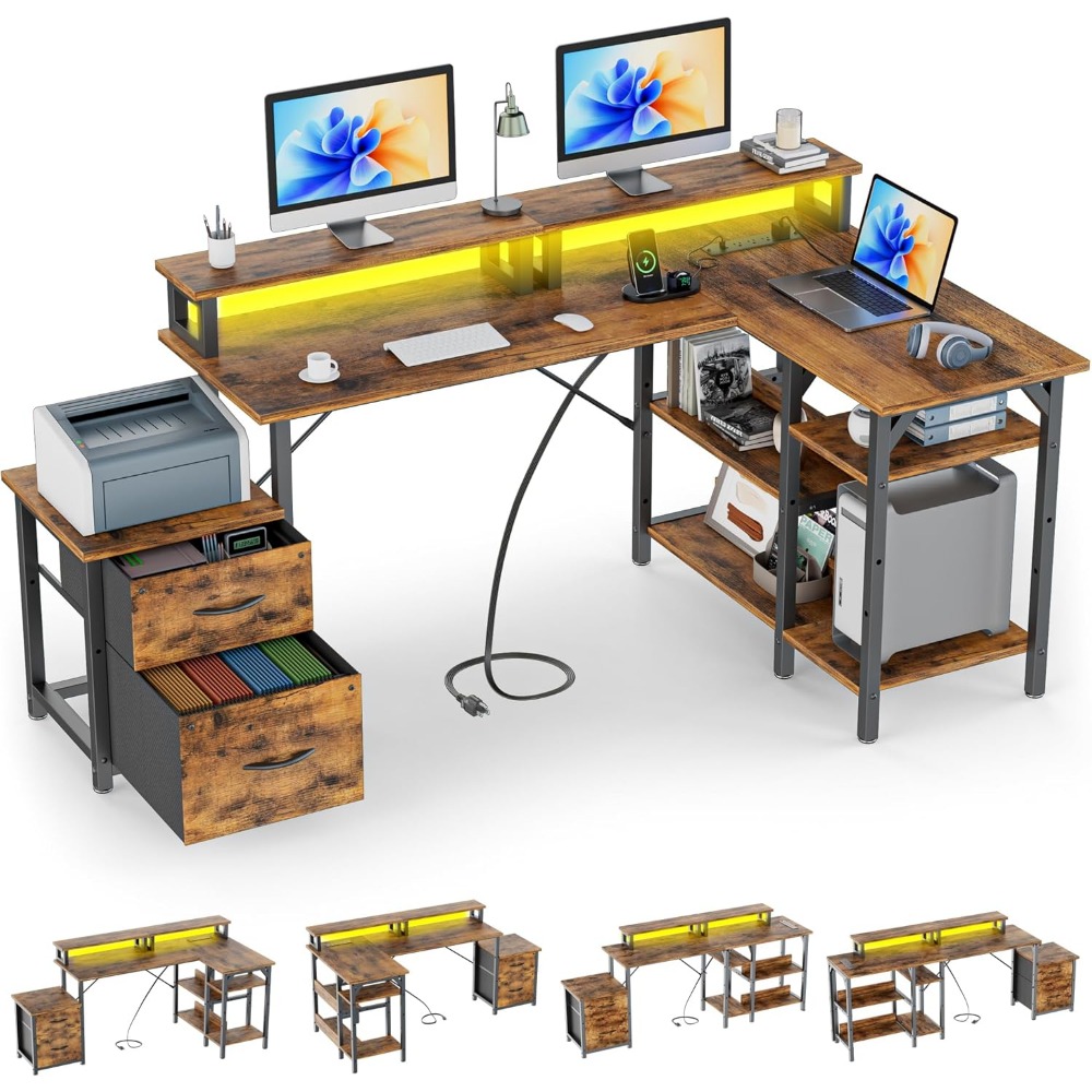Desk Setup Or Set Up - โต๊ะทำงานพร้อมลิ้นชักเก็บเอกสารและปลั๊กไฟ, โต๊ะคอมพิวเตอร์แบบปรับเปลี่ยนได้, โต๊ะรูปตัว L หรือโต๊ะยาวพร้อมขาตั้งจอ, ปรับแต่งได้