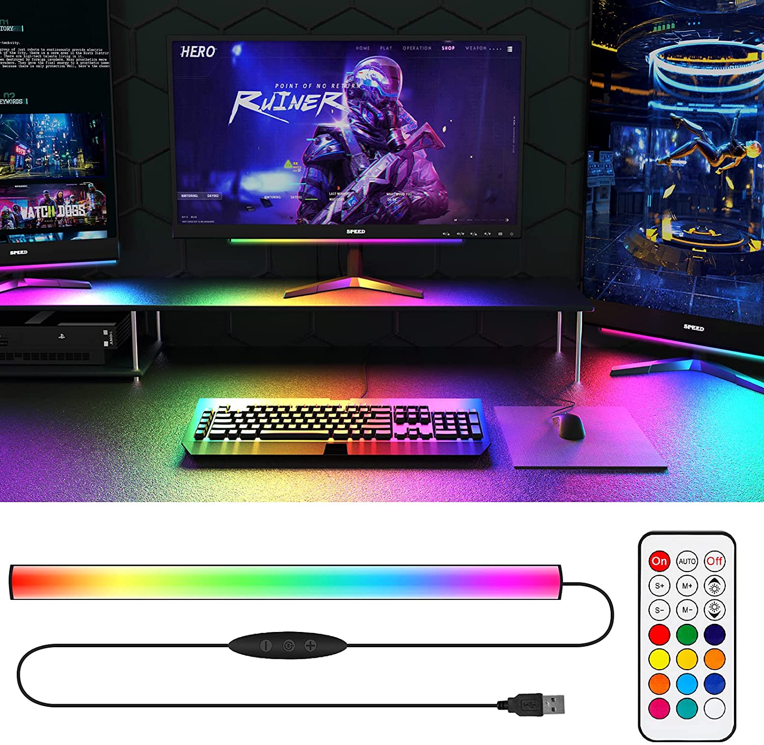 Setup Desk Monitor - ภายใต้แถบแสงจอภาพ RGB Dreamcolor ป้ายนีออนโดยรอบพร้อมรีโมทคอนโทรลสําหรับตกแต่งห้องเกมการตั้งค่าโคมไฟตั้งโต๊ะ